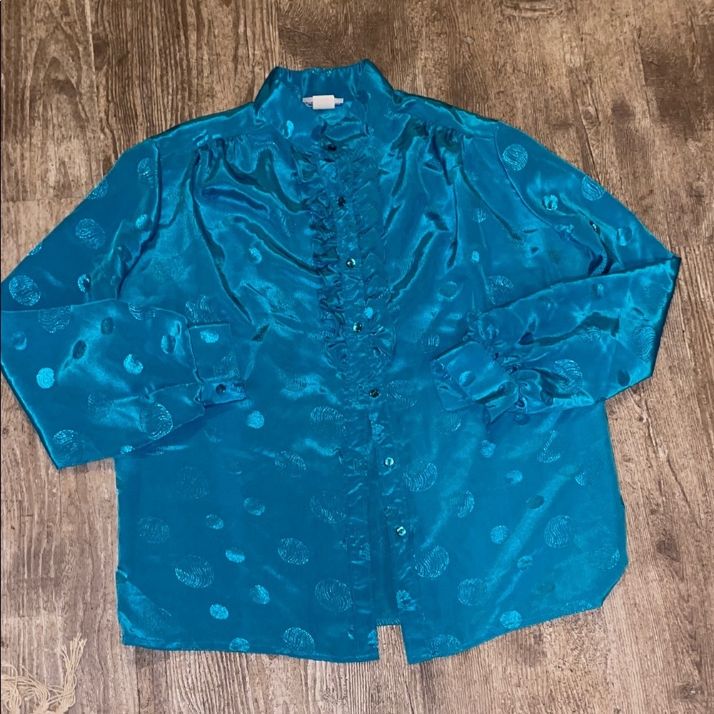 Satin Teal Blouse with Ruffle Detail